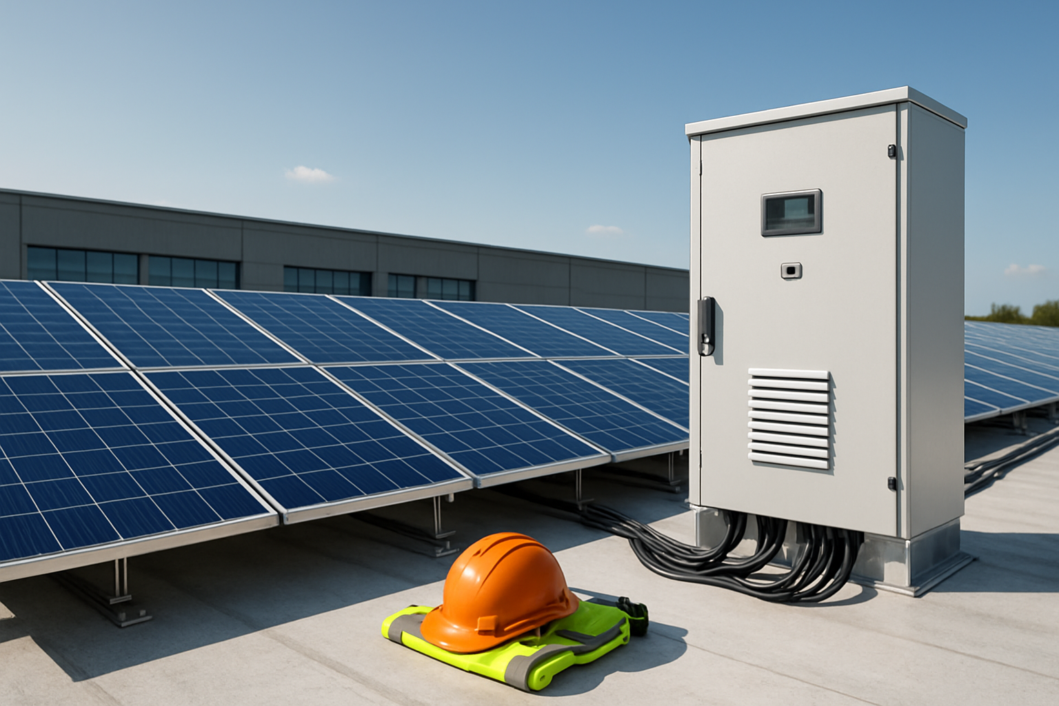 Rooftop solar installation with blue photovoltaic panels, inverter cabinet, and technician safety gear in sunny industrial setting