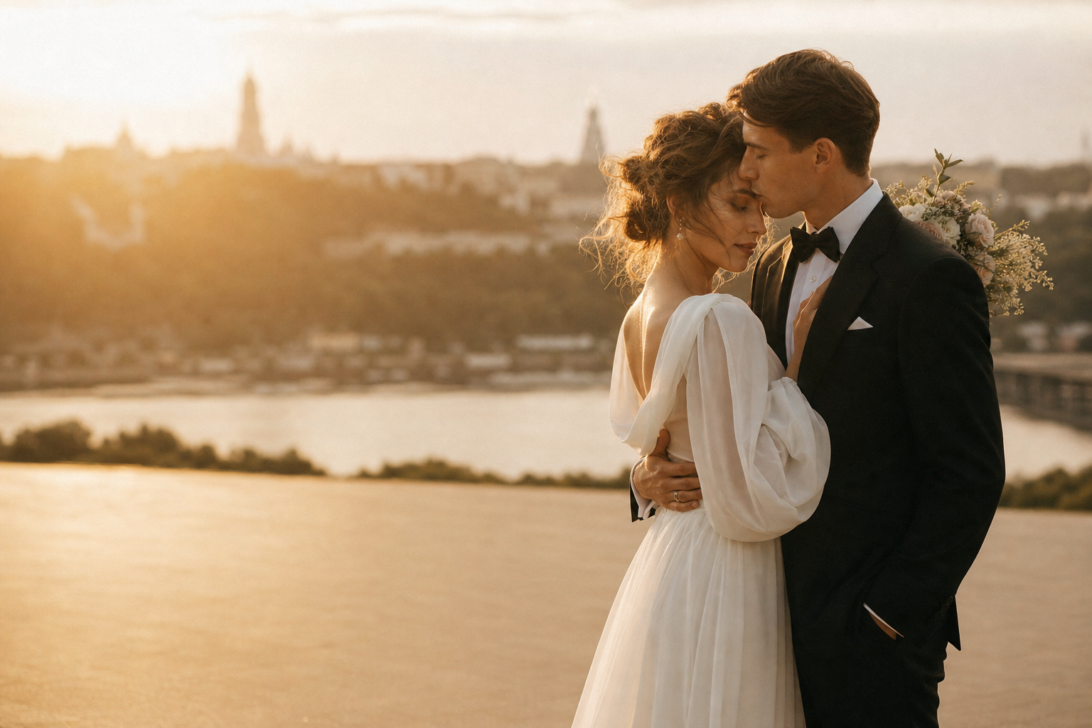 Bride and groom sharing a quiet embrace at golden hour on a Kyiv rooftop, warm romantic editorial wedding photography