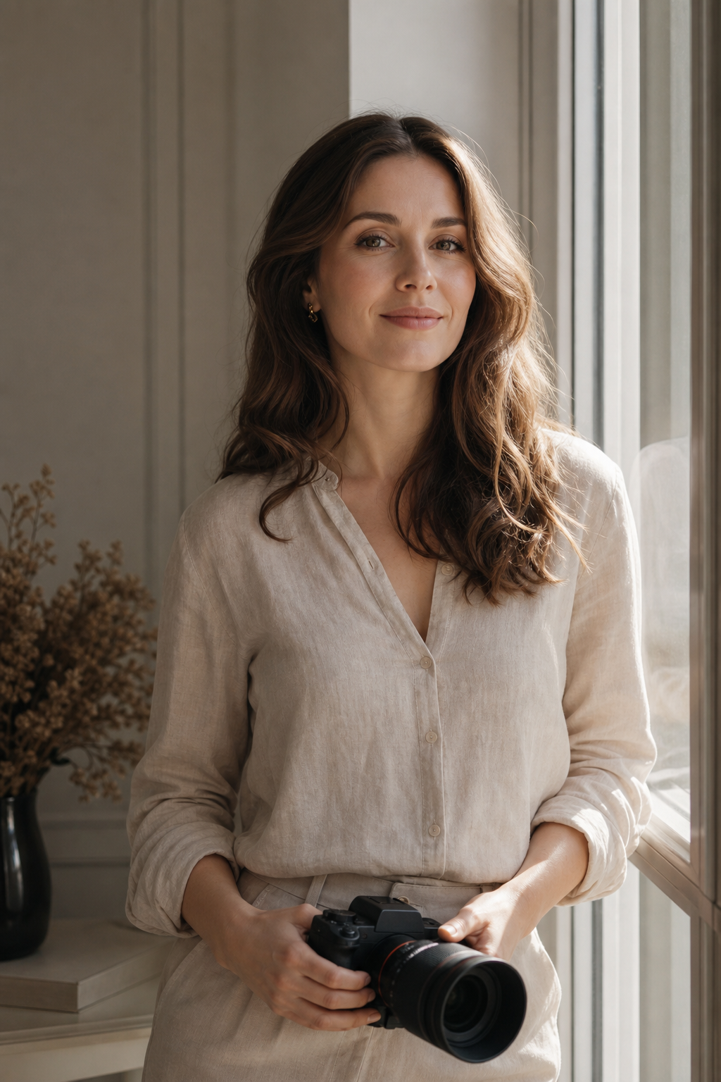 Portrait of photographer Iryna Kovalenko standing by a sunlit window, soft natural light, calm expression