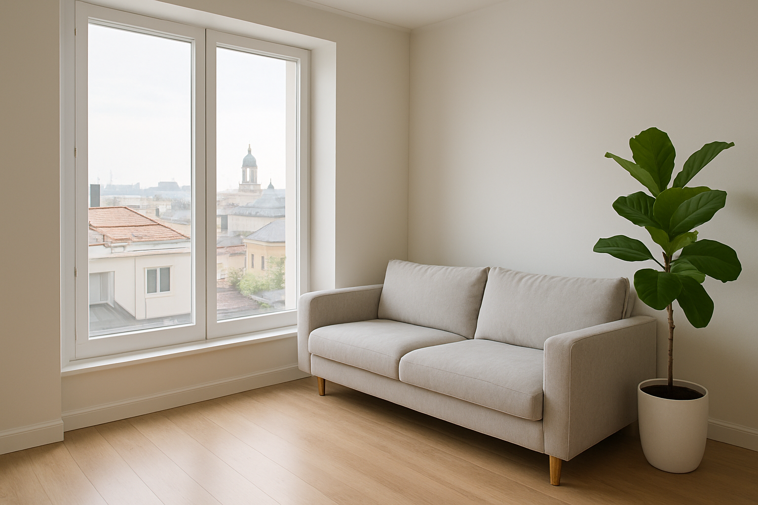 Bright airy Kyiv apartment living room with tall windows overlooking city rooftops