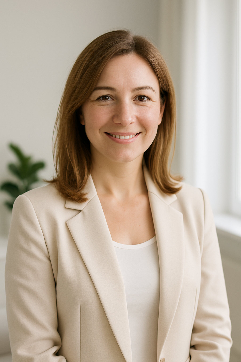 Portrait of Olha Melnyk, Kyiv real estate agent, smiling in a bright apartment