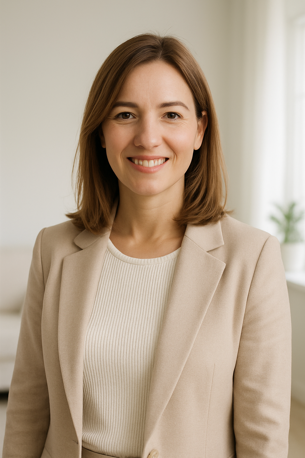 Portrait of Olha Melnyk, Kyiv real estate agent, smiling warmly in a bright apartment