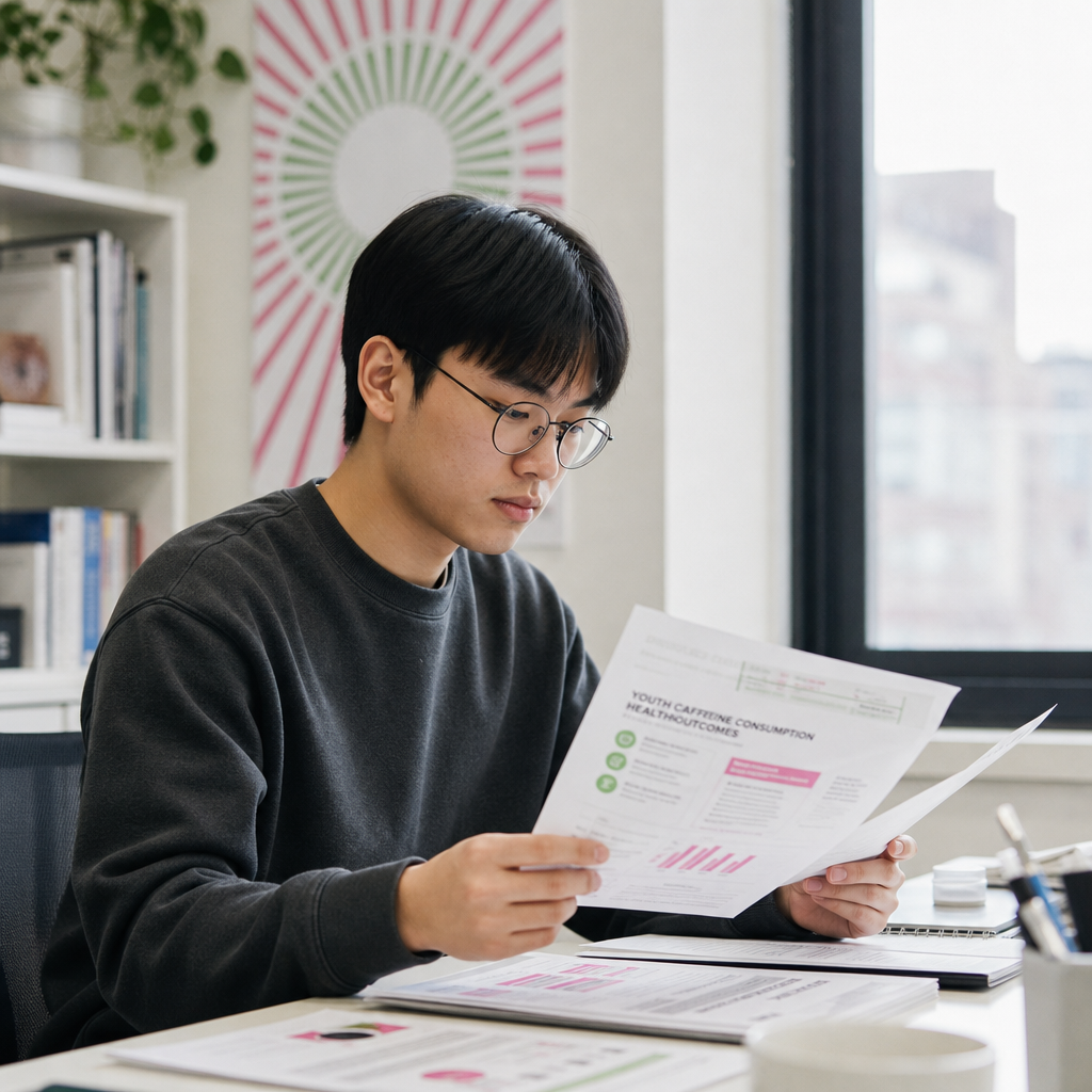 Carlos Nguyen, a youth policy fellow with straight black hair reviewing public health documents in a bright office