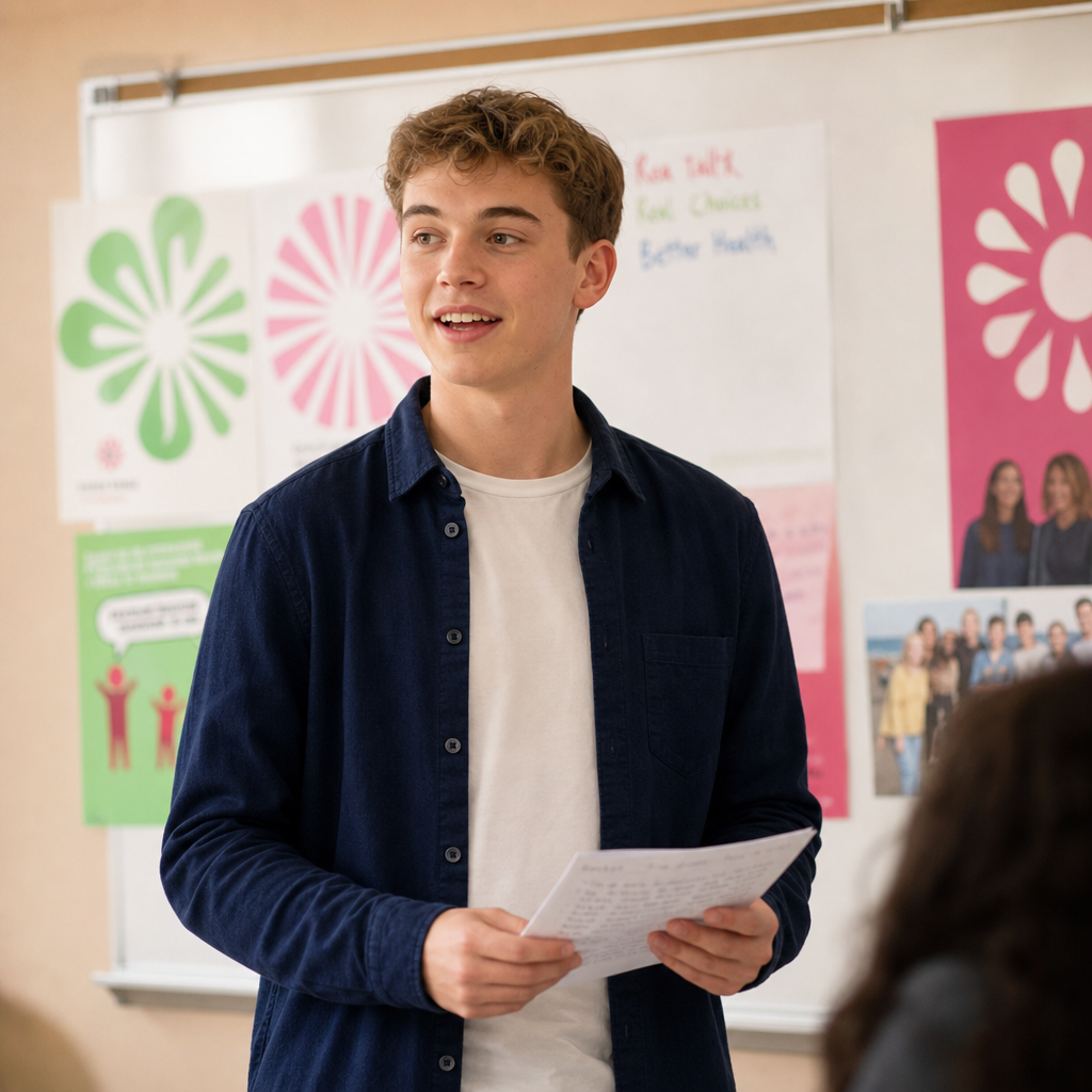 Eli Johnson, a young school education coordinator with short brown hair holding workshop notes in a classroom