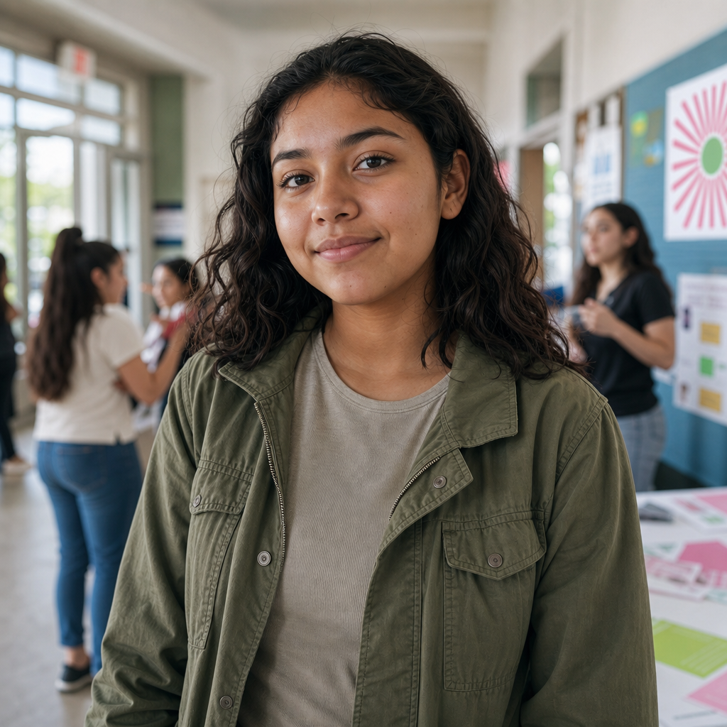 Maya Torres, a teen advocacy leader with dark curly hair wearing a green jacket in a candid community setting