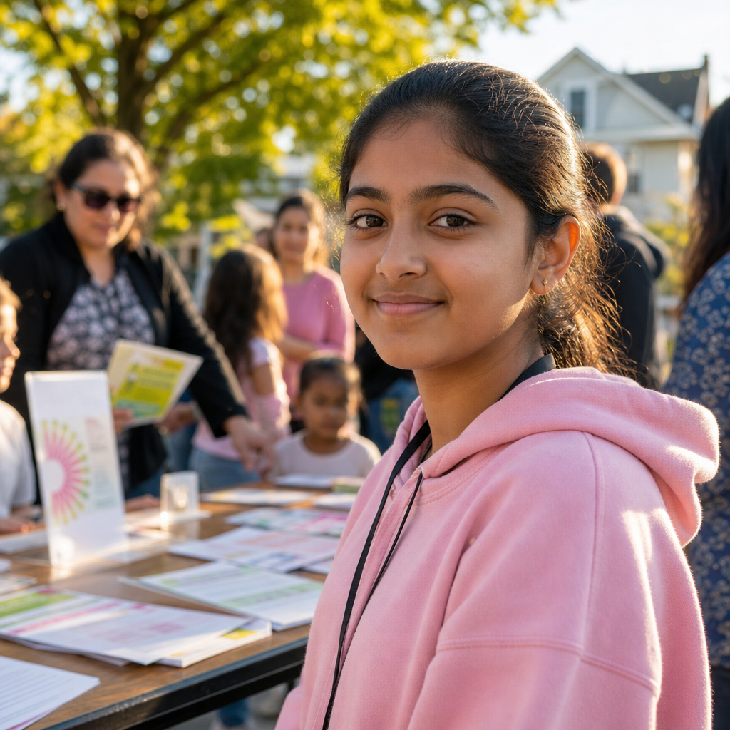 Nia Rahman, a young outreach organizer wearing a pink hoodie speaking with families at a neighborhood event