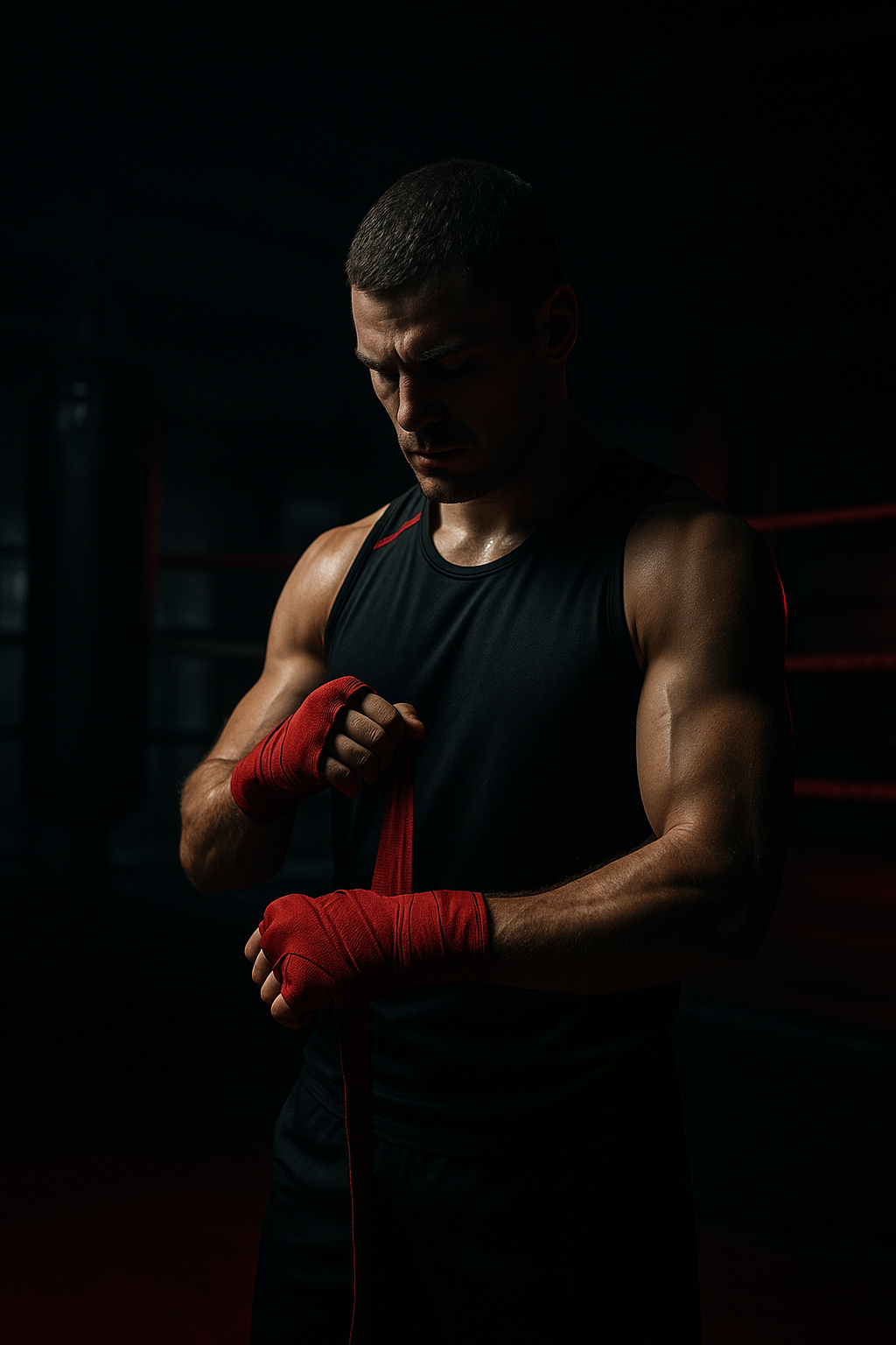 Focused professional boxer in black and red training gear wrapping hands inside a dimly lit premium boxing gym
