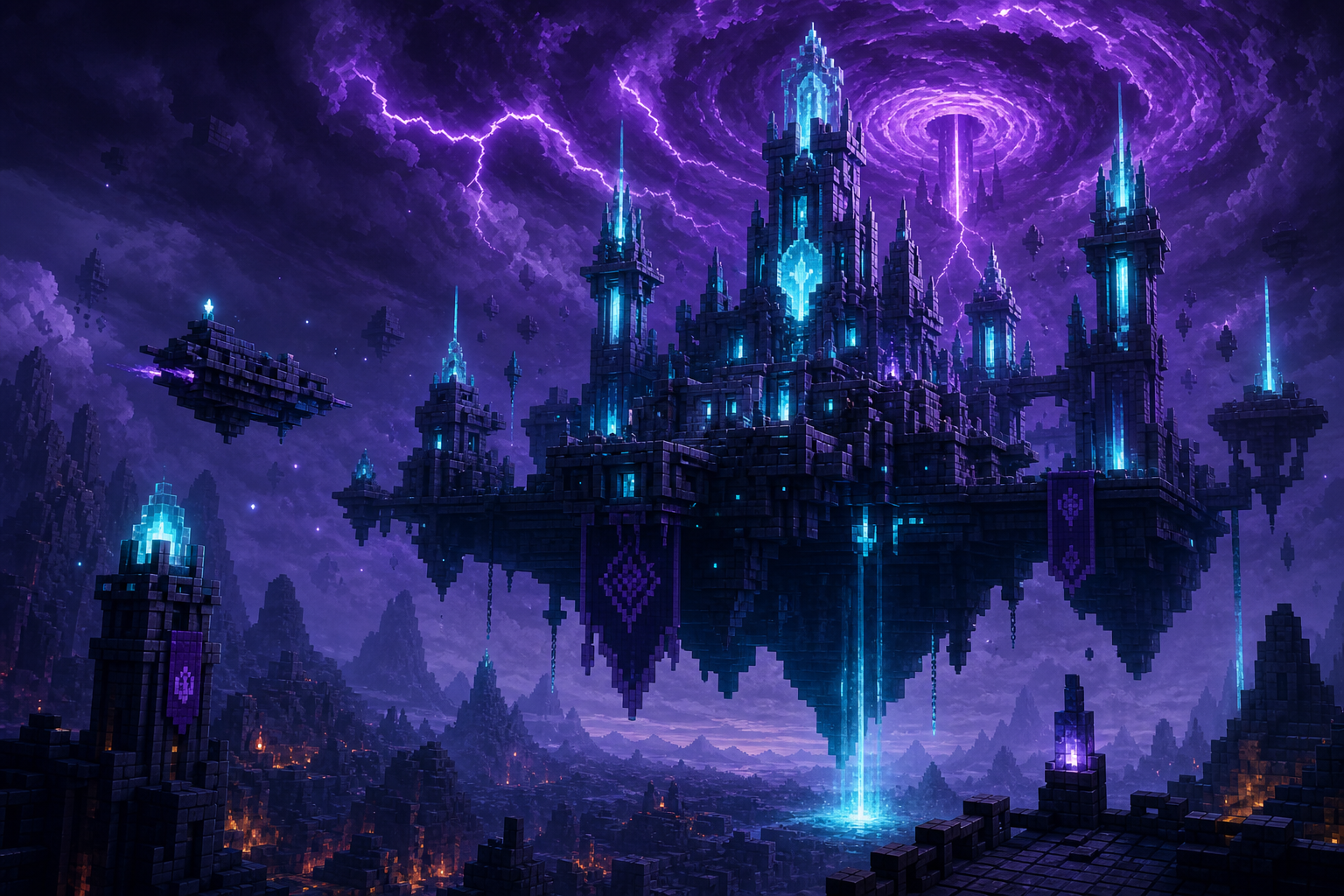 Futuristic voxel-style sky fortress with glowing cyan towers and violet energy storms over a dark landscape