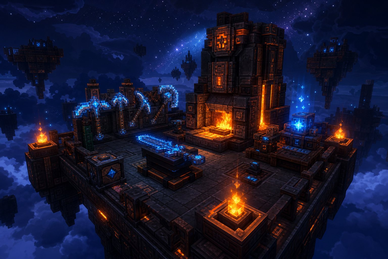 Nebula Forge mod screenshot showing a floating forge platform and glowing star-metal tools