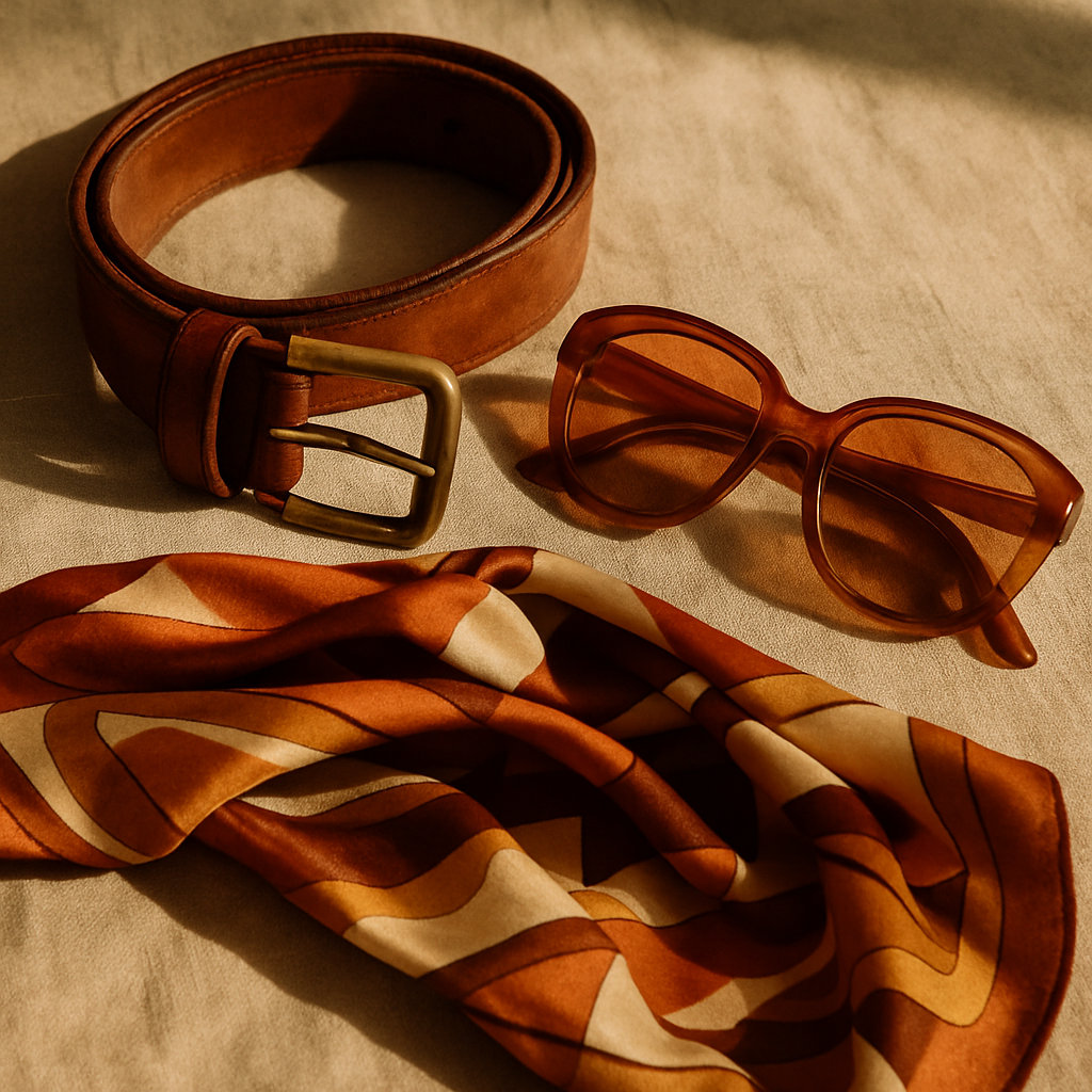 Close-up of retro accessories on a linen surface with soft sunlight