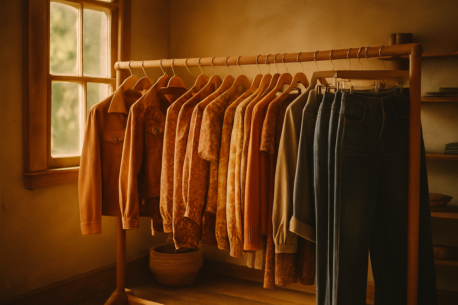 Warmly lit vintage boutique interior with a wooden clothing rack of 70s and 80s garments