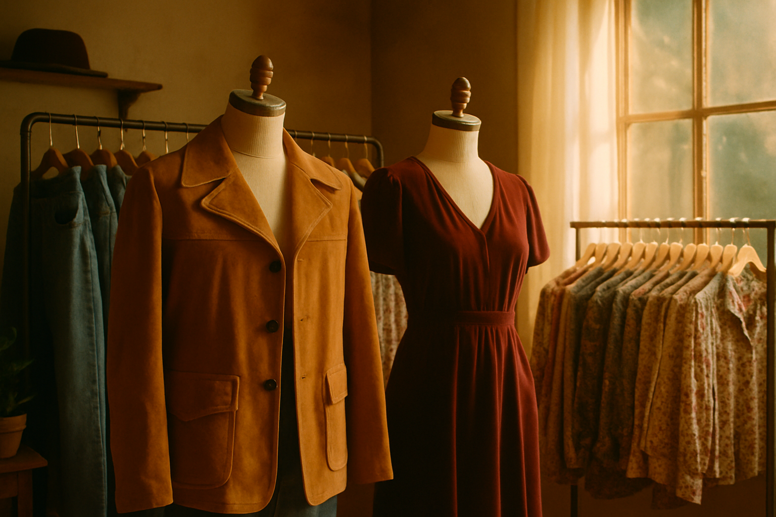 Warmly lit vintage boutique scene with two 70s-inspired outfits on dress forms and a rack of faded denim