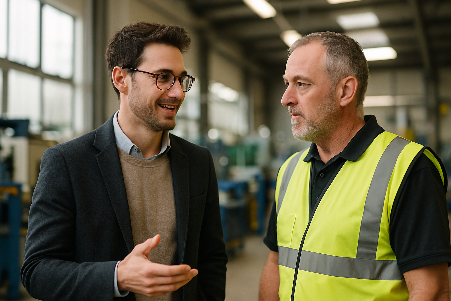 Recruitment consultant speaking with a manufacturing supervisor on a clean production floor in Yorkshire
