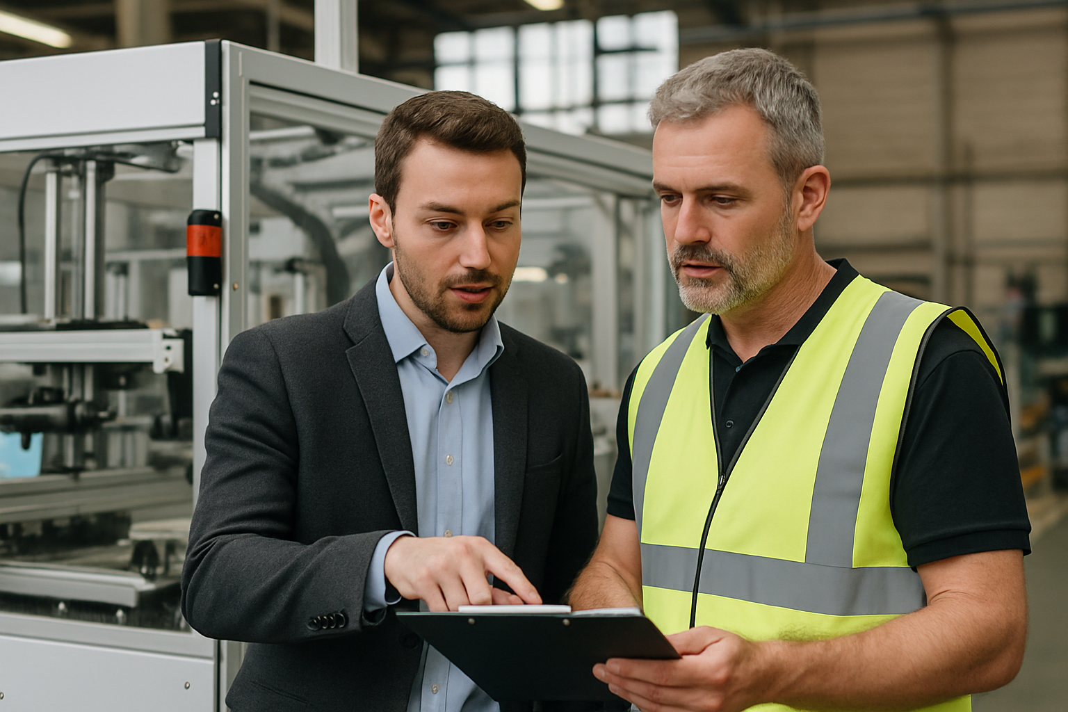 Recruitment consultant and manufacturing supervisor reviewing operations on a production floor in Yorkshire