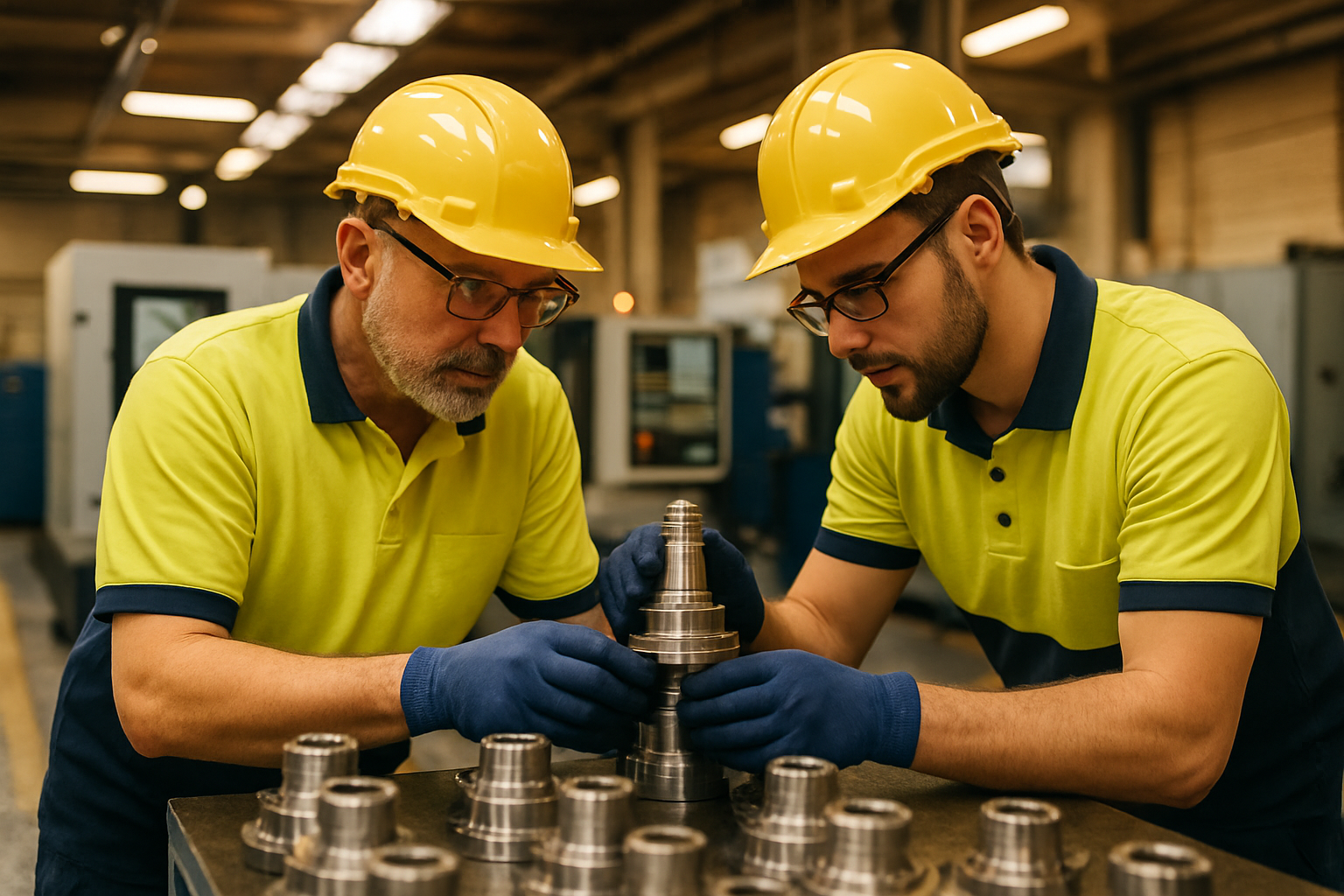 Skilled manufacturing team working on precision metal components in a modern Yorkshire factory
