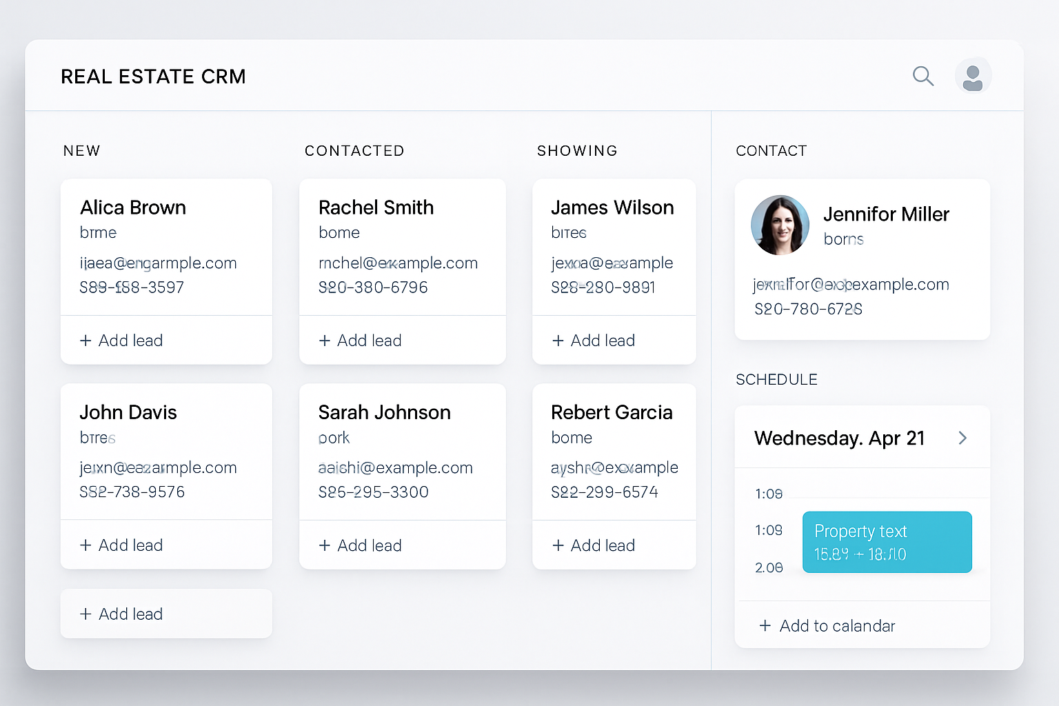 Elegant real estate CRM workspace with lead pipeline columns and scheduling panel