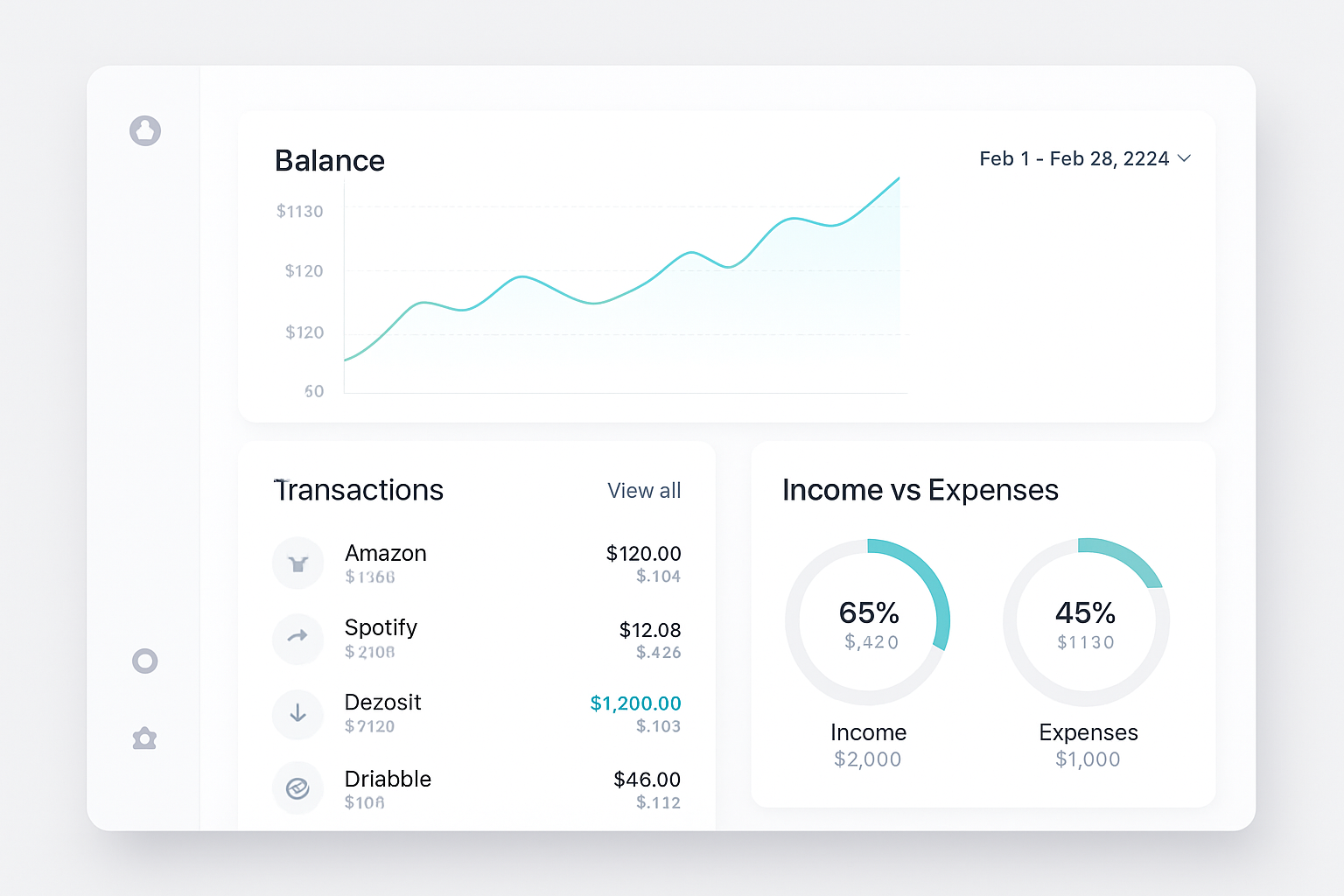 Minimal fintech SaaS dashboard interface with clean charts and transaction modules