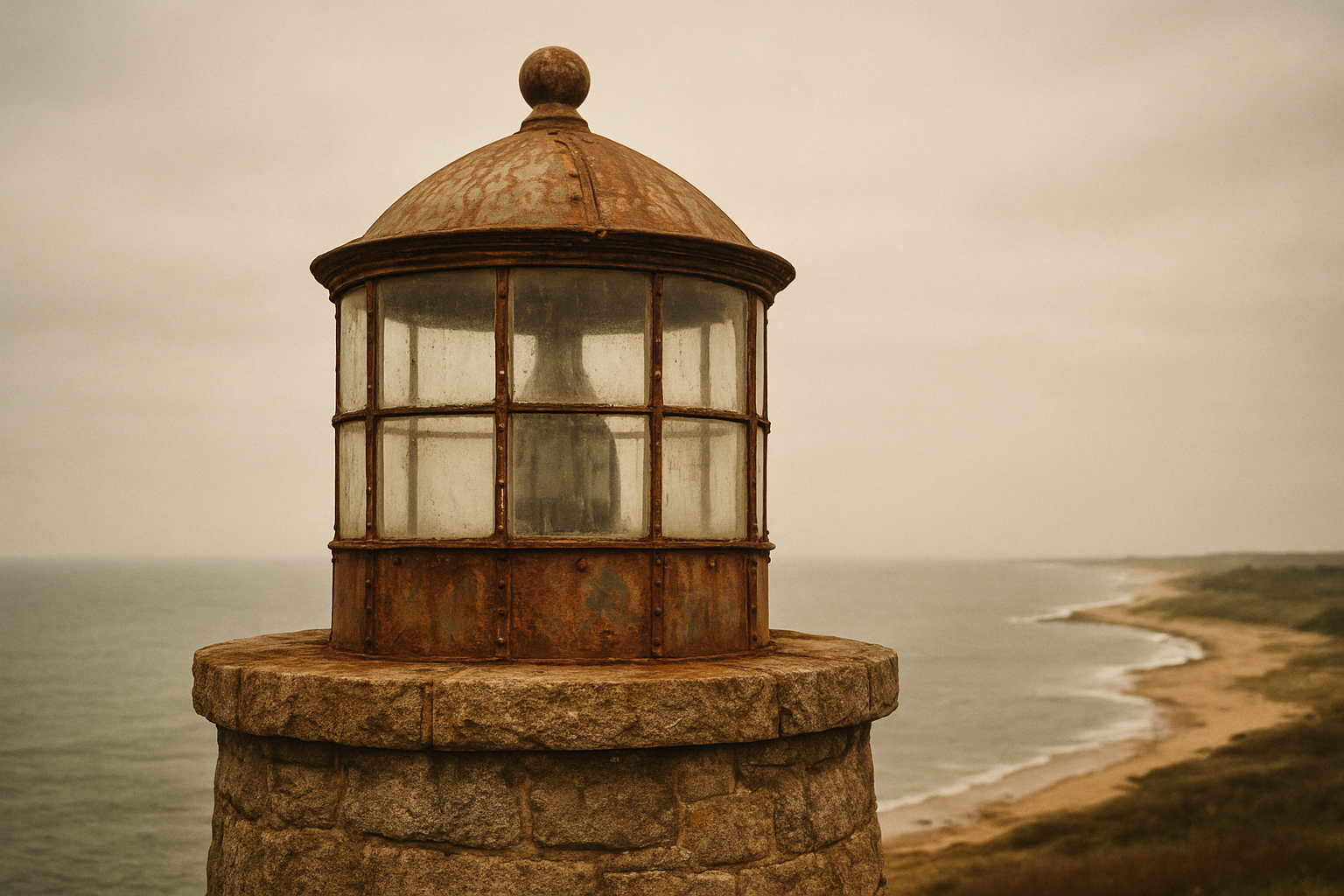 Close view of a weathered lighthouse lantern room above a stone tower with a muted northern shoreline behind it