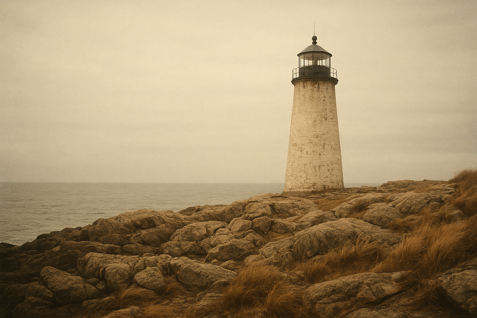Preserved northern coastal lighthouse on a rugged shoreline under soft overcast light, rendered in warm archival film style