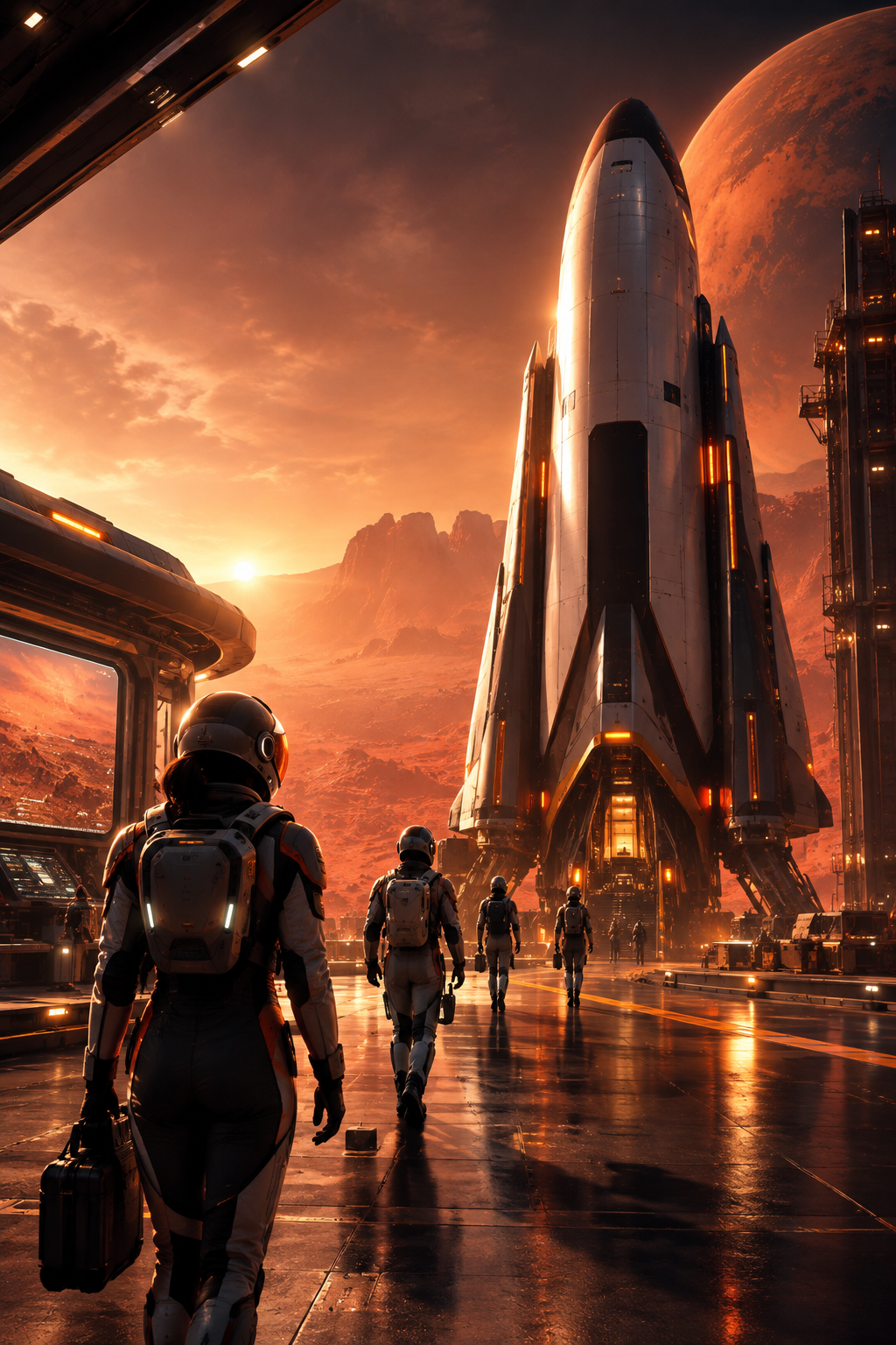 A space crew preparing beside a Mars-bound spacecraft on a futuristic launch platform lit with cinematic glow
