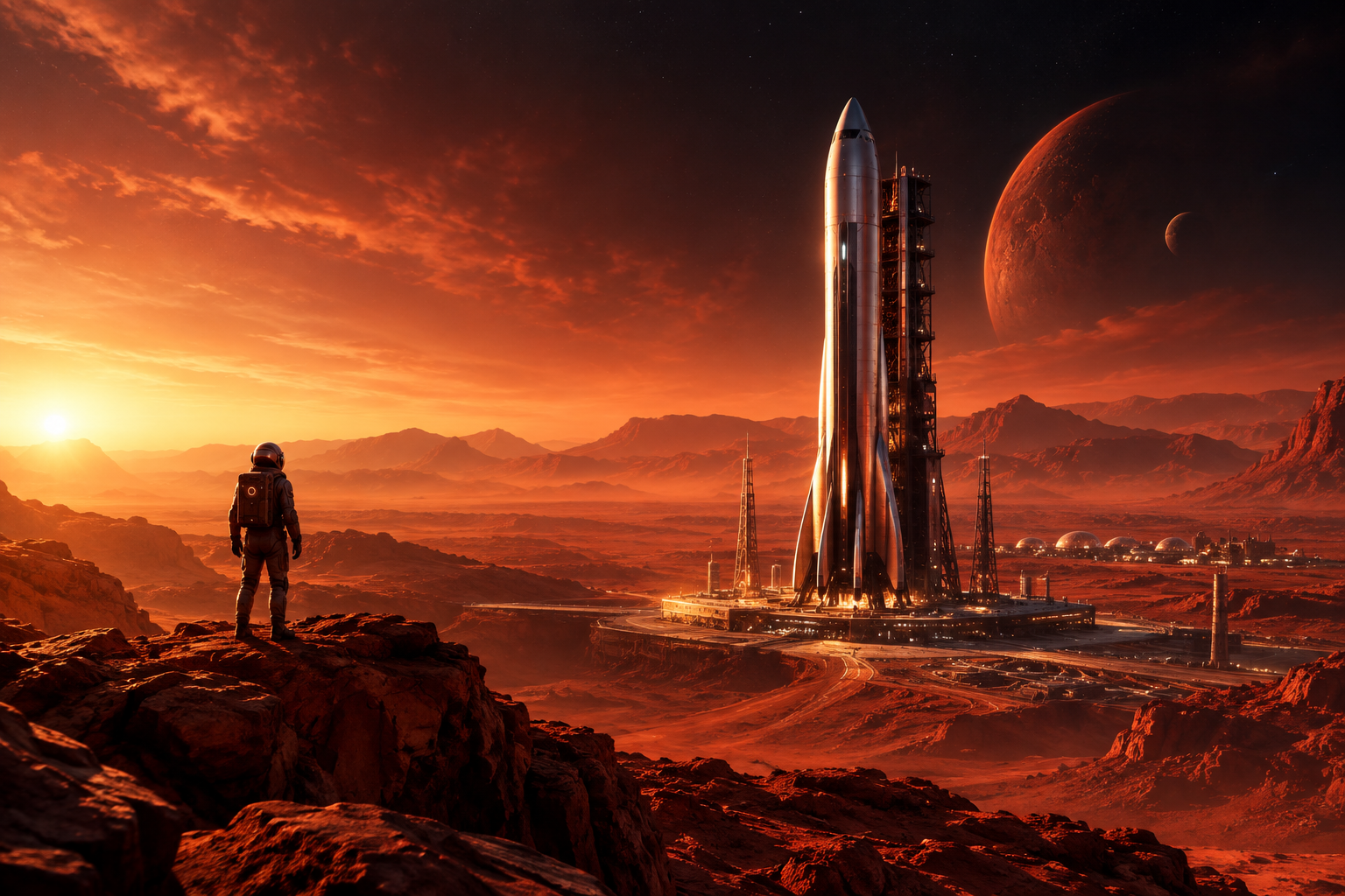 Wide cinematic Mars vista with red terrain and a towering futuristic rocket ready for launch beneath a dramatic cosmic sky