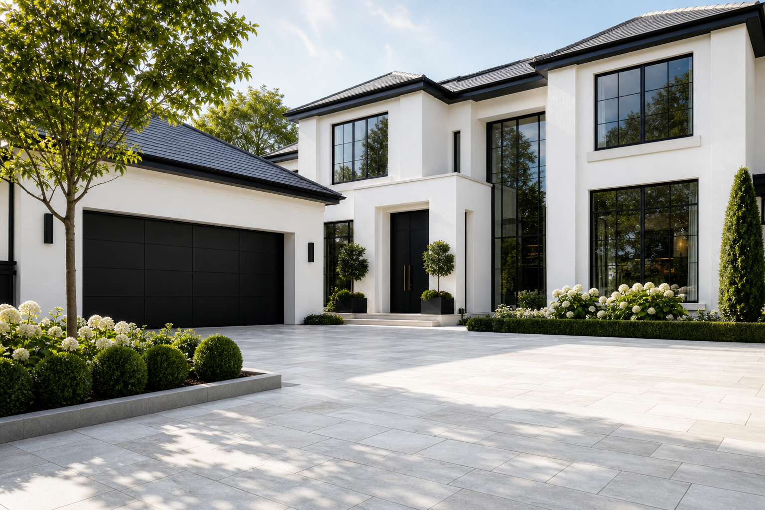 Sunlit modern luxury home with pristine driveway and crisp exterior detailing