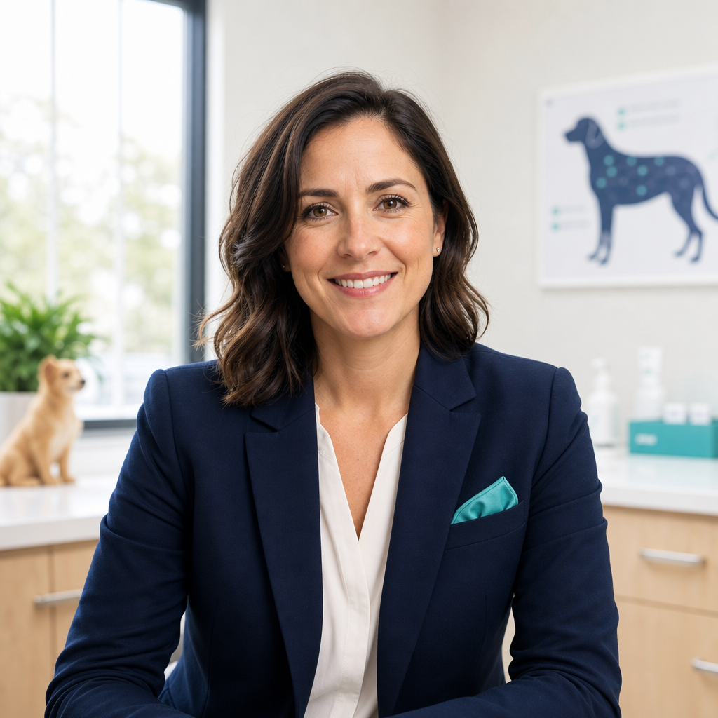 Warm, professional portrait of the CompanionPath Health founder in a modern clinic setting, wearing a navy blazer and soft teal accents