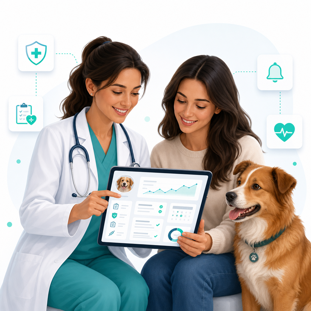 Illustration of a veterinarian and pet owner reviewing a digital health dashboard with charts and a friendly dog