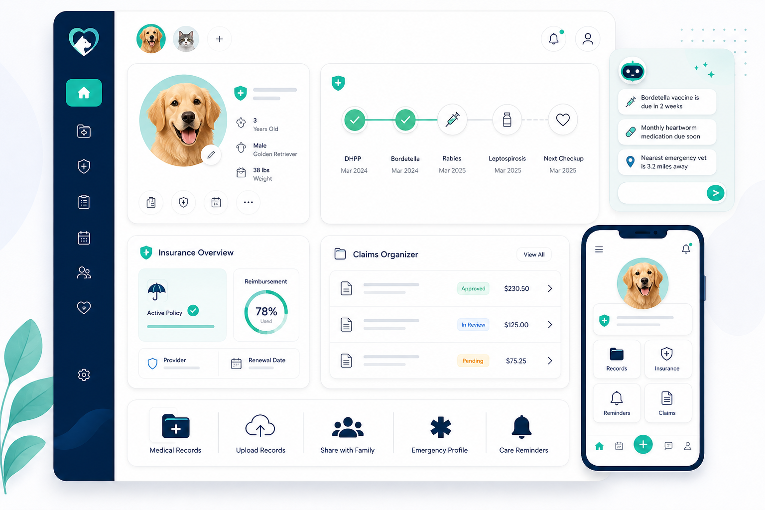 Polished dashboard illustration showing a pet profile, vaccination timeline, insurance status cards, and a gentle AI assistant panel in a clean healthcare-tech interface