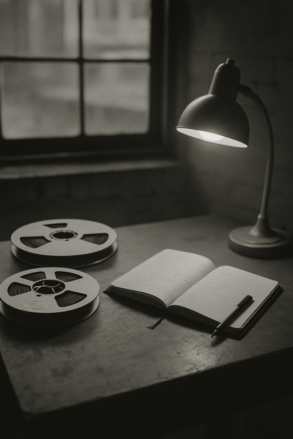Soft-focus image of a Gowanus studio desk with tape reels, a notebook, and a desk lamp