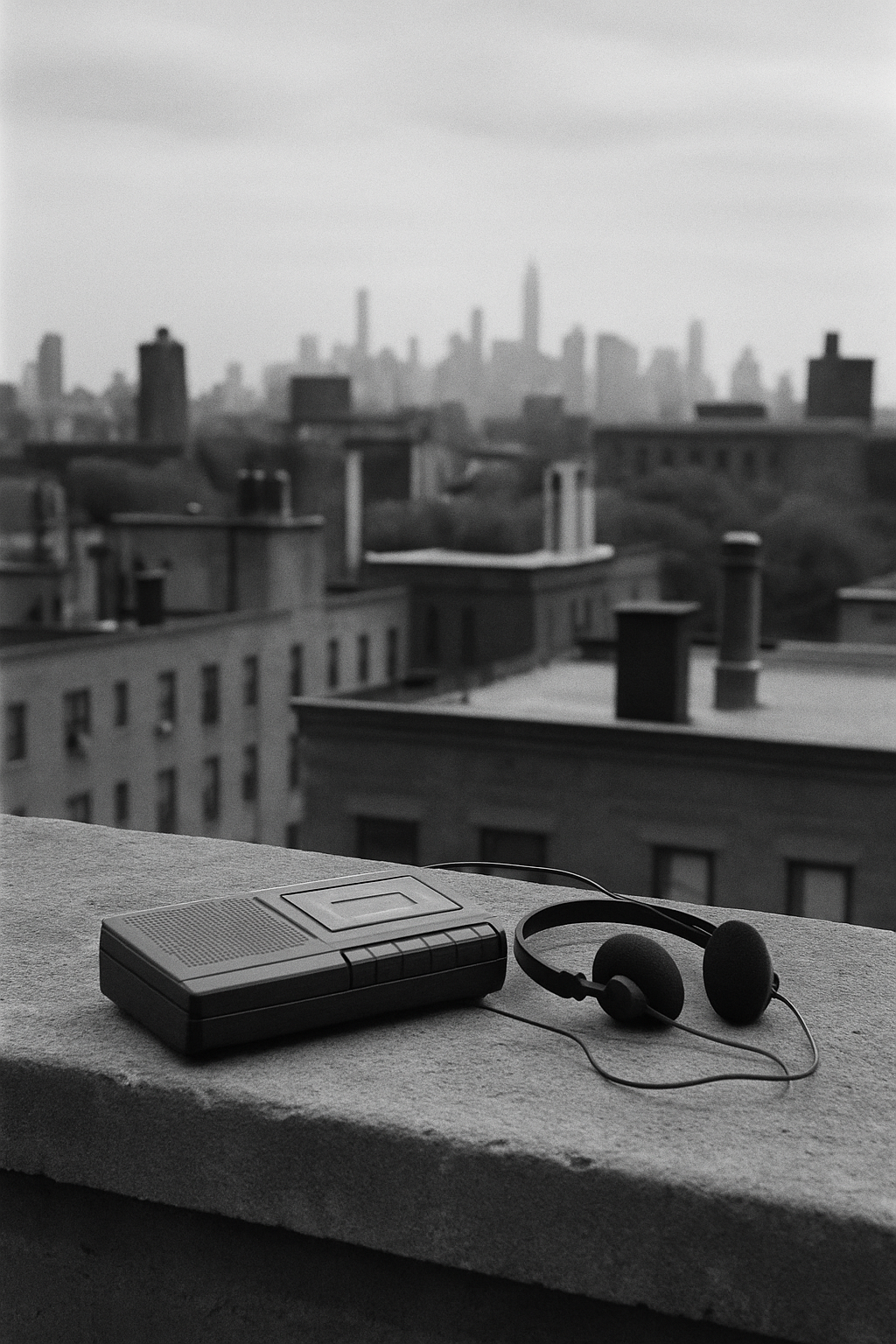 Subtle monochrome image of a Harlem rooftop with a portable cassette recorder and headphones resting on a concrete ledge
