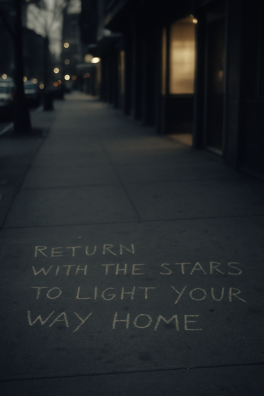 Low-saturation image of a Lower East Side sidewalk at dusk with chalk lyric fragments on the pavement and soft city glow