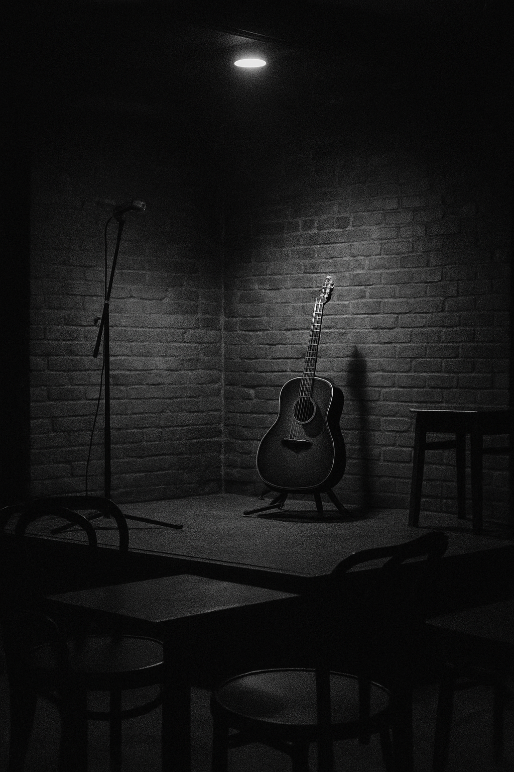 Grainy monochrome photo of a small New York club stage with a lone guitar on a stand