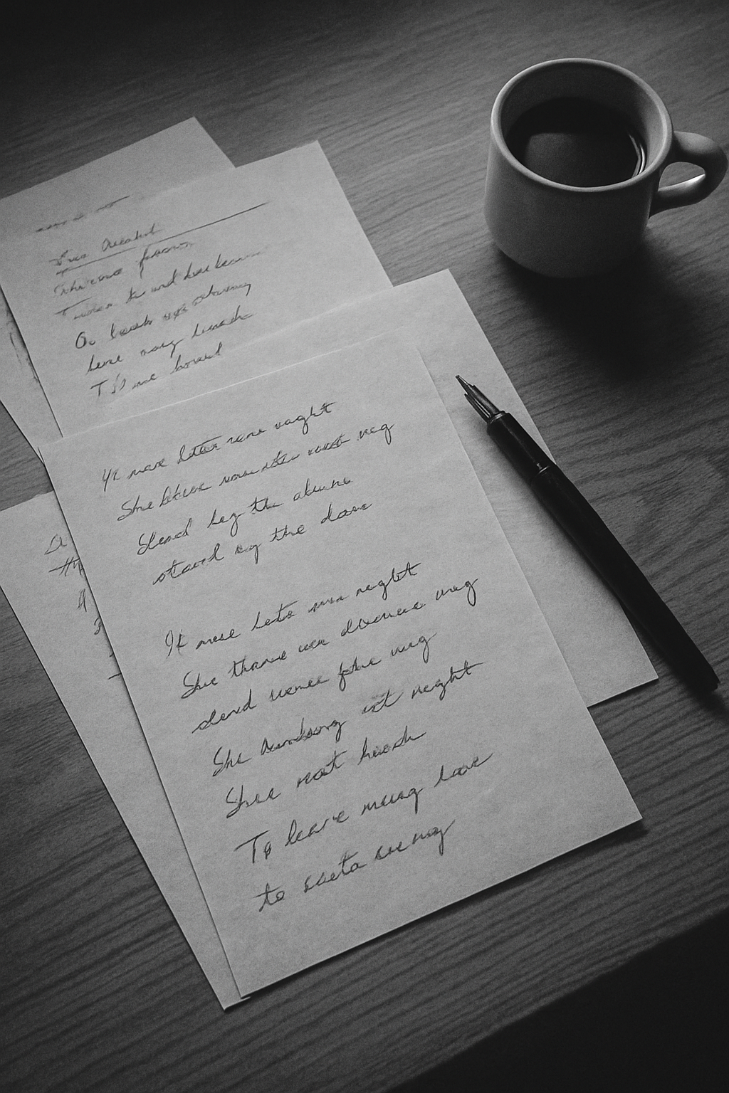 Top-down monochrome photograph of a wooden desk with handwritten lyric sheets and a fountain pen