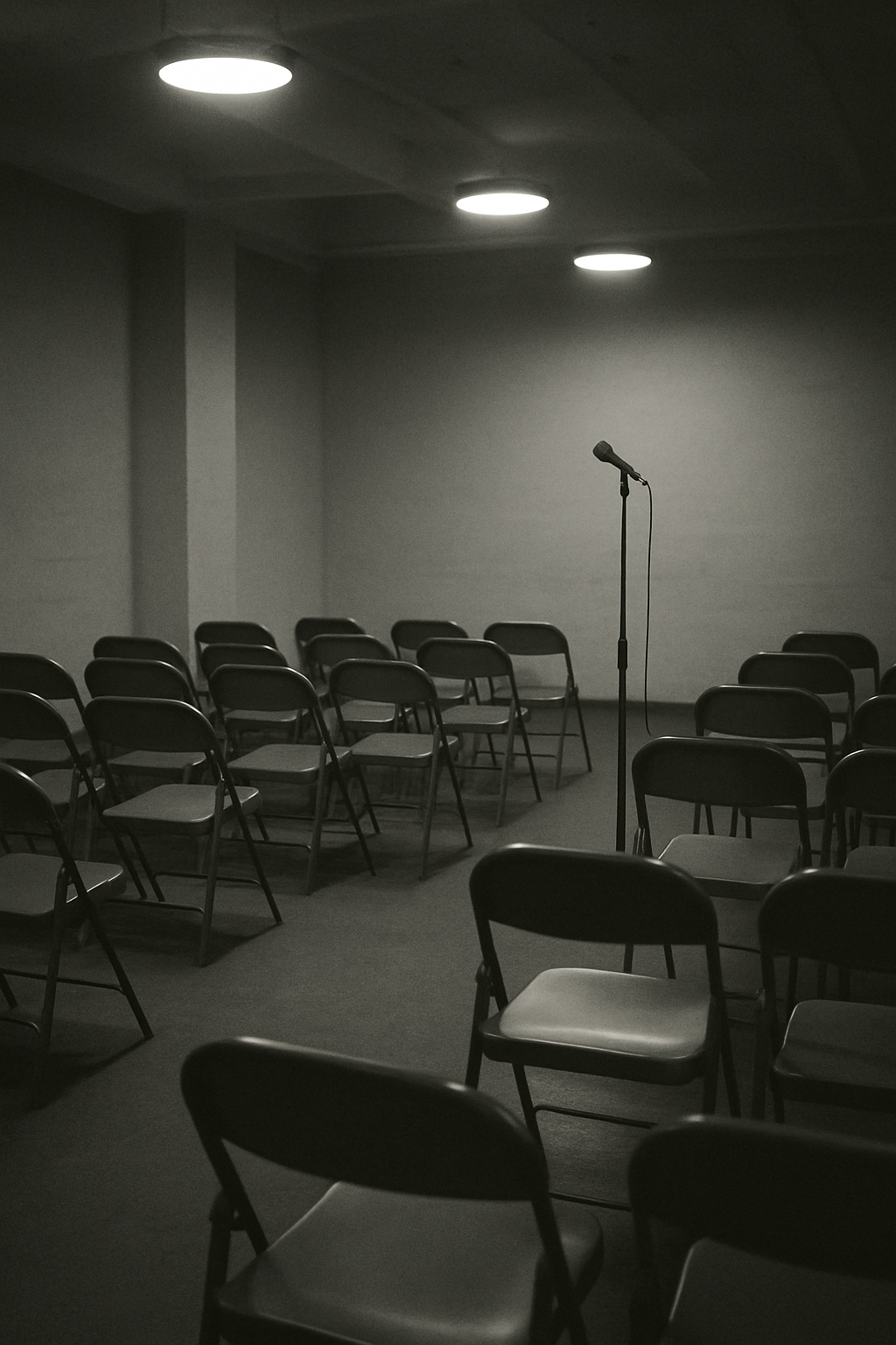 Soft monochrome photograph of a Midtown rehearsal hall with empty folding chairs and a lone microphone stand under overhead lights