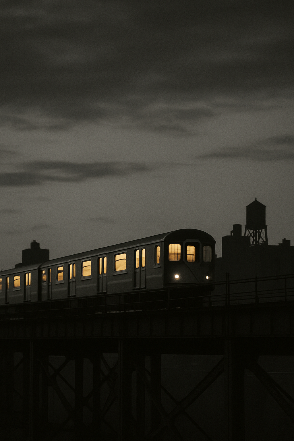 Muted grayscale photo of a Queens elevated train passing at dusk with warm window light against a dark sky