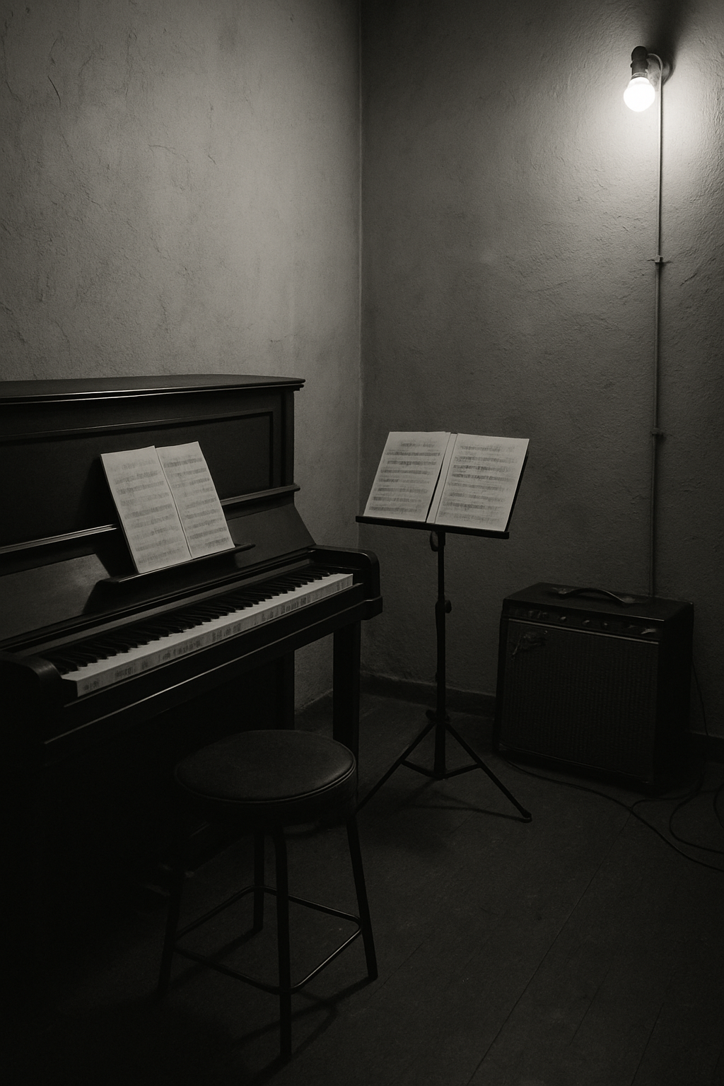 Monochrome photo of a narrow rehearsal room with a piano, amp, and sheet music on stands
