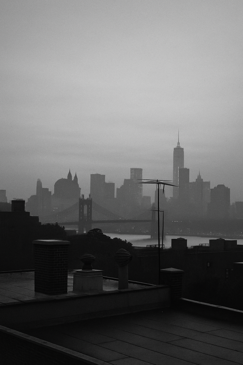 Muted black and white photograph of a Brooklyn rooftop at dusk with a city skyline in the distance