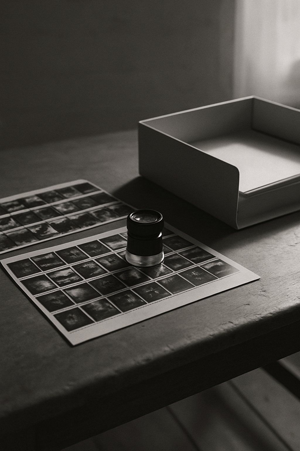 Black-and-white photograph of a Soho worktable with contact sheets, a magnifying loupe, and a half-open archival box