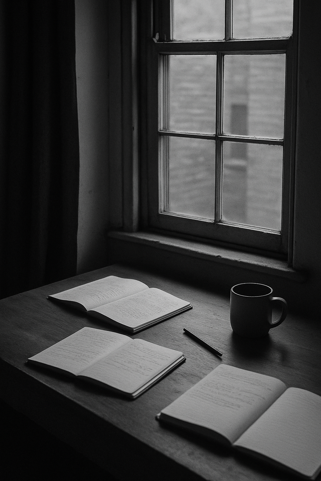 Moody black-and-white photo of a small Brooklyn studio window with soft daylight falling on a wooden desk and scattered notebooks