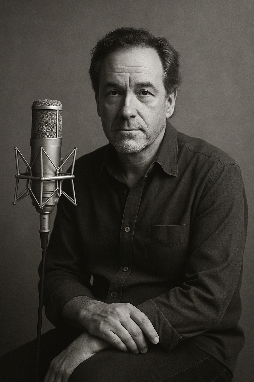 Black and white studio portrait of a middle-aged songwriter seated beside a vintage microphone