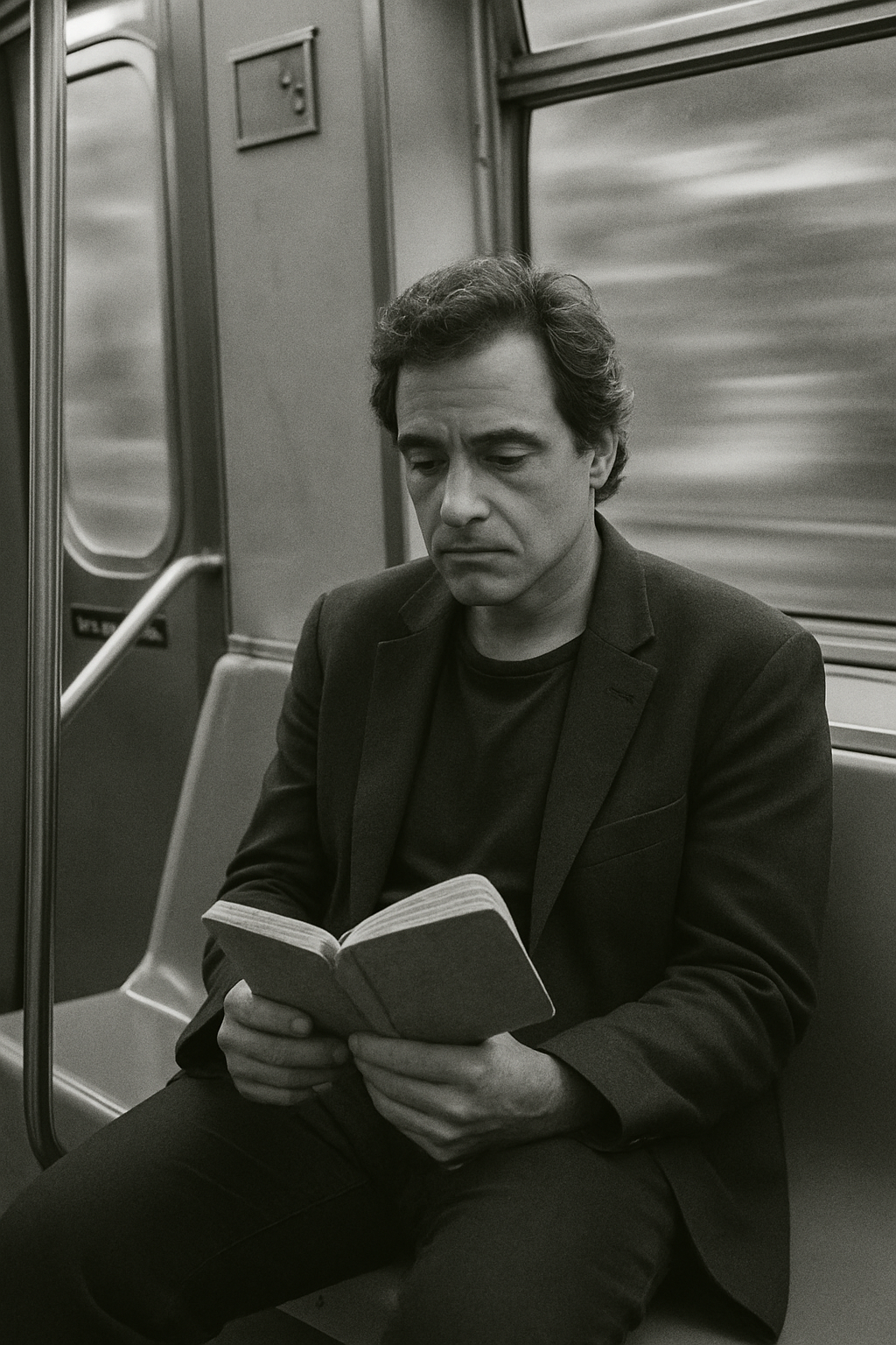 Soft monochrome image of a songwriter seated on a New York City subway, holding a worn notebook
