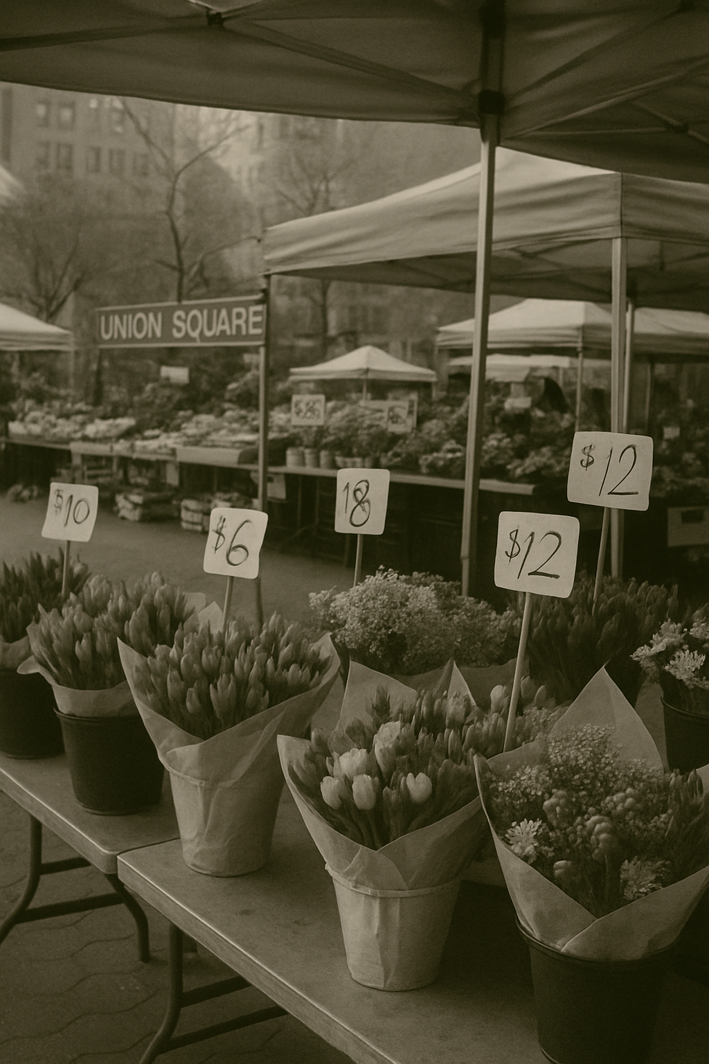 Muted photograph of Union Square market stalls with handwritten price signs and bundled flowers