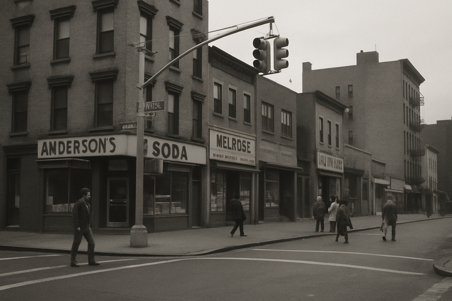 Muted documentary still of a New York street corner with vintage storefronts and pedestrians, grainy archival feel