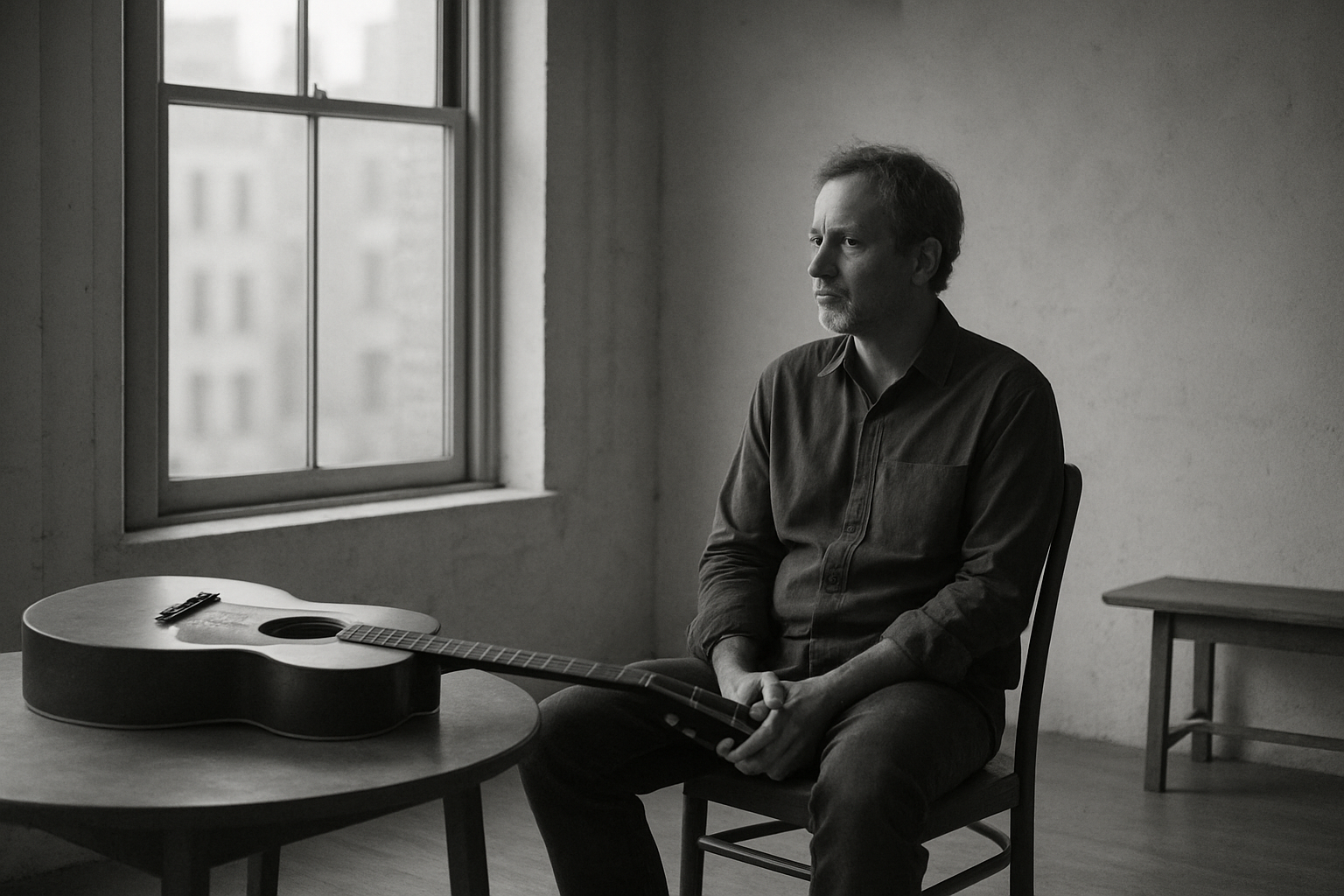 Monochrome interview scene inside a sparse loft with a songwriter seated near a window, soft city light