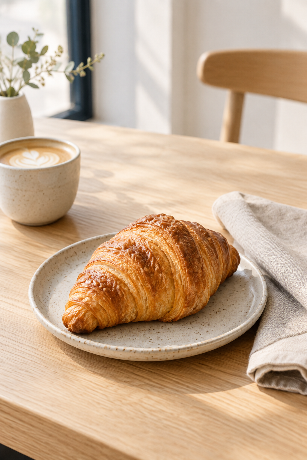 Golden flaky butter croissant on a small stoneware plate beside a folded linen napkin