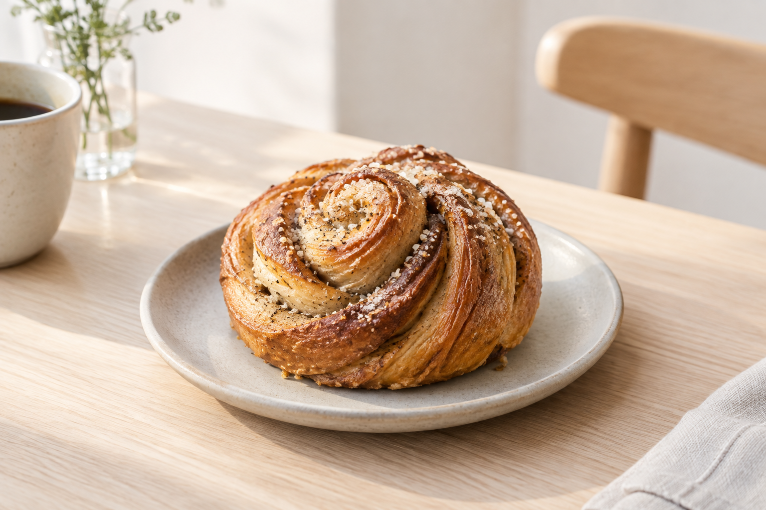 Golden laminated cardamom morning bun dusted with sugar on a small stoneware plate