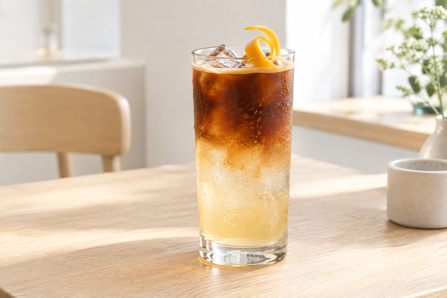 Amber espresso tonic in a tall clear glass with a curled orange peel and ice cubes