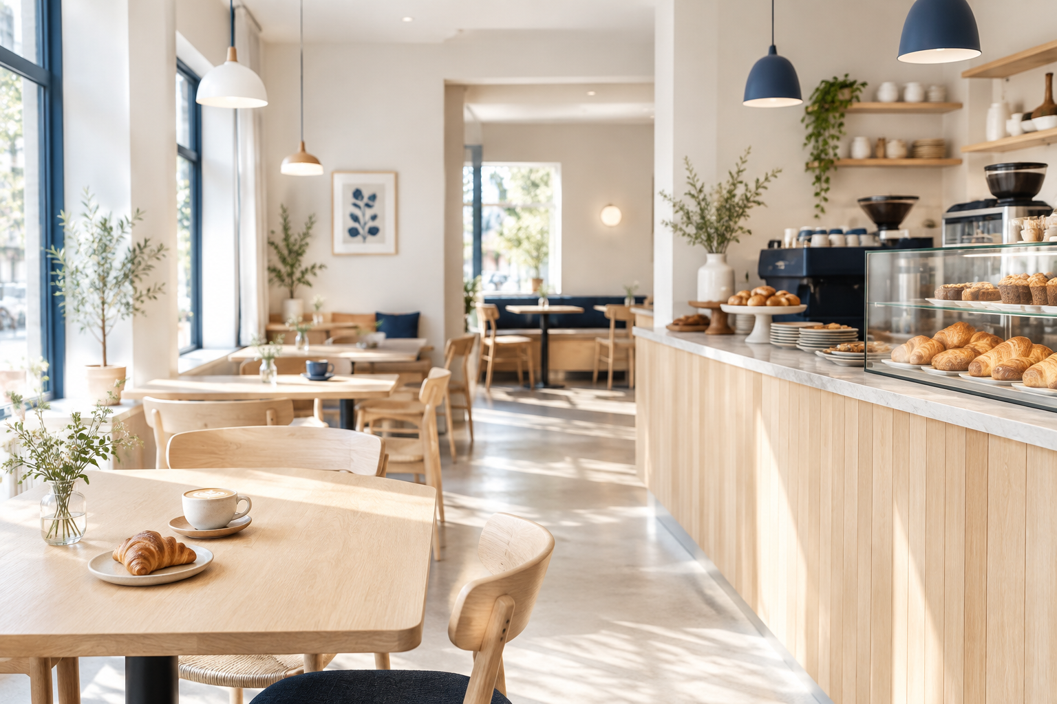 Bright Scandinavian-inspired North Dock Coffee interior with pale wood tables, warm pastries at the counter, and soft daylight