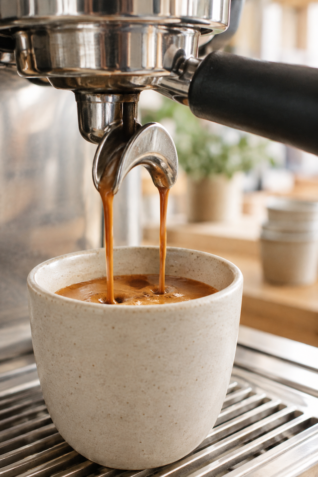 Close view of deep brown espresso pouring into a matte cream ceramic cup